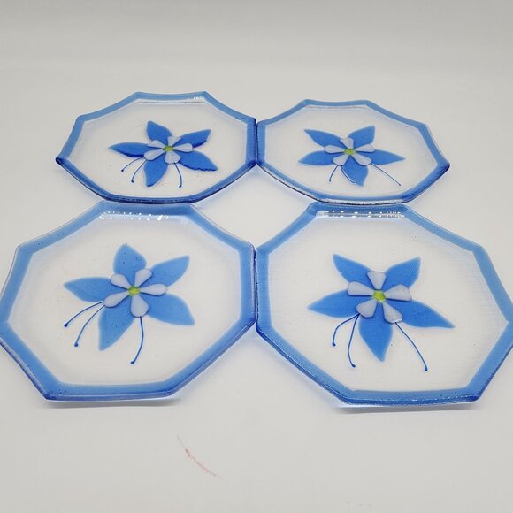 Fused Glass Plates Blue Flowers & Rim Octagon Shaped 8" Diameter Set of 4 VTG - Picture 10 of 10